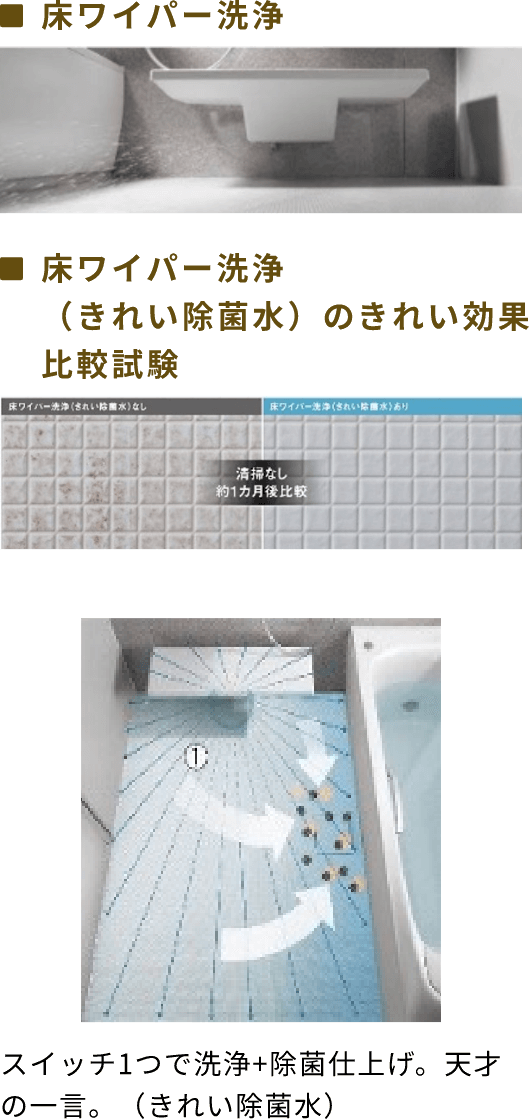 床ワイパー洗浄（きれい除菌水）のきれい効果比較試験床ワイパー洗浄なし床ワイパー洗浄ありスイッチ1つで洗浄+除菌仕上げ。天才の一言。（きれい除菌水）